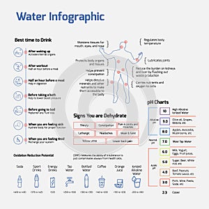 Water Infographics - importance of water, best time to drink, Ph charts.