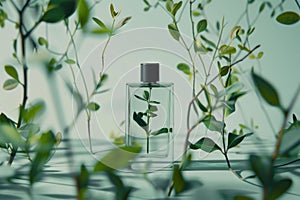 Water-inspired mist from perfume bottles refreshes musky toiletries, sprayed against a luxury backdrop to mirror reflection and va
