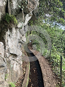 Water irrigation channel, levada in Madeira, Portugal. Levada do Rei