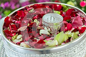 Water with jasmine and roses corolla in bowl for Songkran festival