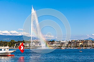 Water jet fountain with rainbow in Geneva