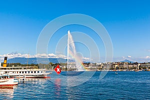 Water jet fountain with rainbow in Geneva