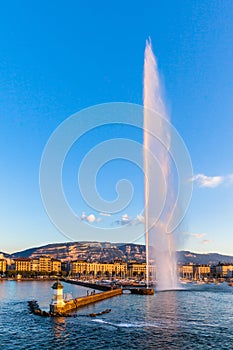 Water jet fountain at sunset in Geneva