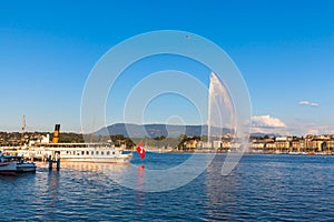 Water jet fountain at sunset in Geneva