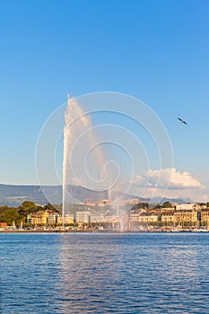 Water jet fountain at sunset in Geneva