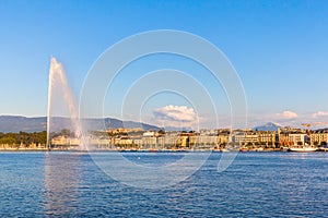 Water jet fountain at sunset in Geneva