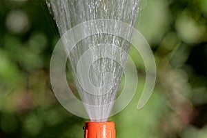 Water jet from a hosepipe with a green background.