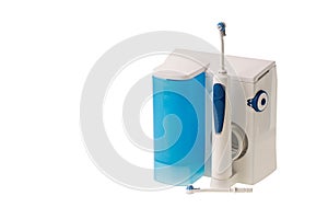 Water jet  irrigator cleaning system and two waterjet heads isolated on white background. Health care concept