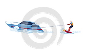 Water jet ski sport with surfing man, boat in sea vector illustration. People at summer holiday, leisure by extreme