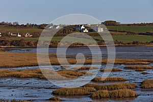 Water lagoon with Irish cottages on a hill. Tramore nature reserve. Waterford. Ireland