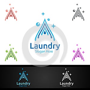 Water Laundry Dry Cleaners Logo with Clothes, Water and Washing Concept