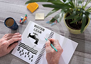 Water leak concept on a notepad