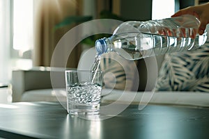 water is life, scene of pouring purified fresh drink water from the bottle on table in living room