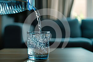 water is life, scene of pouring purified fresh drink water from the bottle on table in living room