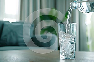 water is life, scene of pouring purified fresh drink water from the bottle on table in living room