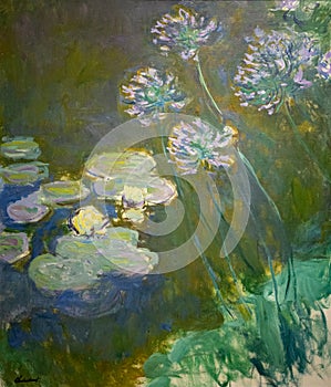 Water-Lilies and agapanthus by French Impressionist painter Claude Monet