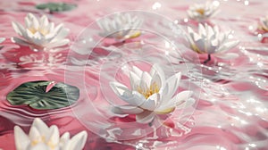 Water lilies blossoms floating in sparkling light pink water, top view, dynamic water surface