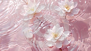 Water lilies blossoms floating in sparkling light pink water, top view, dynamic water surface