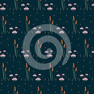 Water lilies with bulrush trendy seamless pattern on dark blue background.