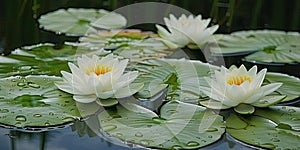 Water lilies floating on the surface of the pond, giving it a mysterious and exquisite loo