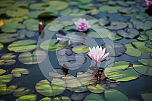 Water lilies and lilies on water close up in open air