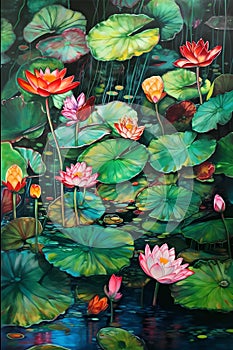 Water lilies in the pond. Original water lily painting.