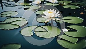 Water lilly in the pond with white flower.