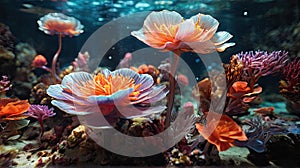 Water lily in the aquarium. Underwater world of coral reef. under water flowers. deep sea. nature