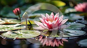 water lily on lake ,water reflection , trees in forest ,wild lotus on sunset sky on sea