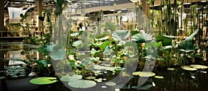 Water lily pond in greenhouse with lush plants, creating natural landscape