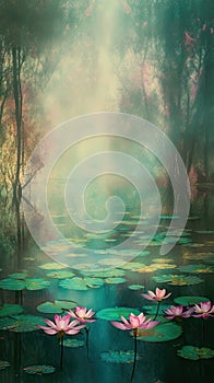 Water Lily Pond, Lake Flowers, Waterlily Vertical Painting, Water Lilies