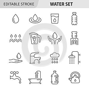 Water line icon set. Vector collection with drop, cup, bottle, cooler, bath, cloud with rain, water tap. Editable stroke