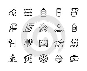 Water line icons. Bottle and glass of liquid, rain drops clouds and shower, water sources such as iceberg geyser, water