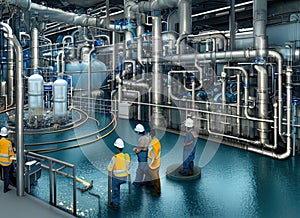 Water and Liquid Waste Treatment Plant and System Operators Fictional Work Enviroment Scene.