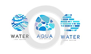 Water Logo Design Set, Clear Aqua Natural Blue Badges, Labels Vector Illustration on White Background