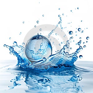 Water logo with a water sphere and splashes of blue isolated on white background