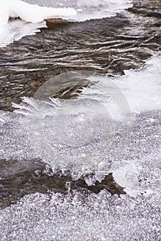 Water makes its way through frozen ice in a small stream.