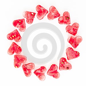 Water melon cut into heart shape. Flat lay composition on white background. love concept. Valentine`s day frame background