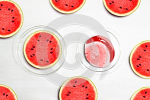 Water Melon Slices. Serum and water melon pieces on a white background, beauty.