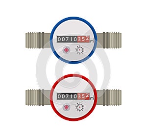 Water meter. Icon of counter of gas, heat, hot and cold water. Meter of consumption. Use and measurement of flow. Gauge of leak in