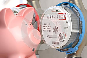 Water meter with piggy bank. Water consumption, cost of utilities and payment for water concept