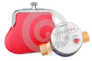 Water meter with purse coin. Water consumption, cost of utilities and saving concept