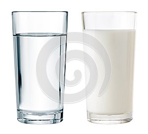 Water and milk glasses isolated with clipping path included