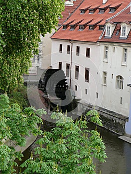 Water mill on the Chertovka river in Prague