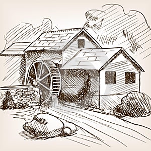 Water mill hand drawn sketch vector