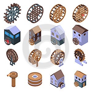 Water mill icons set, isometric style