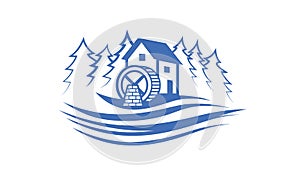 Water mill near the river and forest. Vector Blue Minimalistic Flat Illustration with a water mill.