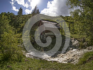 Water mill valley in dolomites Longiaru badia valley