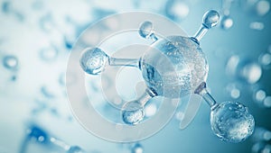Water molecule close-up with light blue background, representing science