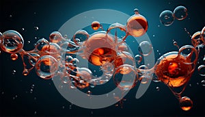 water molecule model, Science or medical background, 3d illustration. Cosmetic essence, liquid, DNA Dark blue background